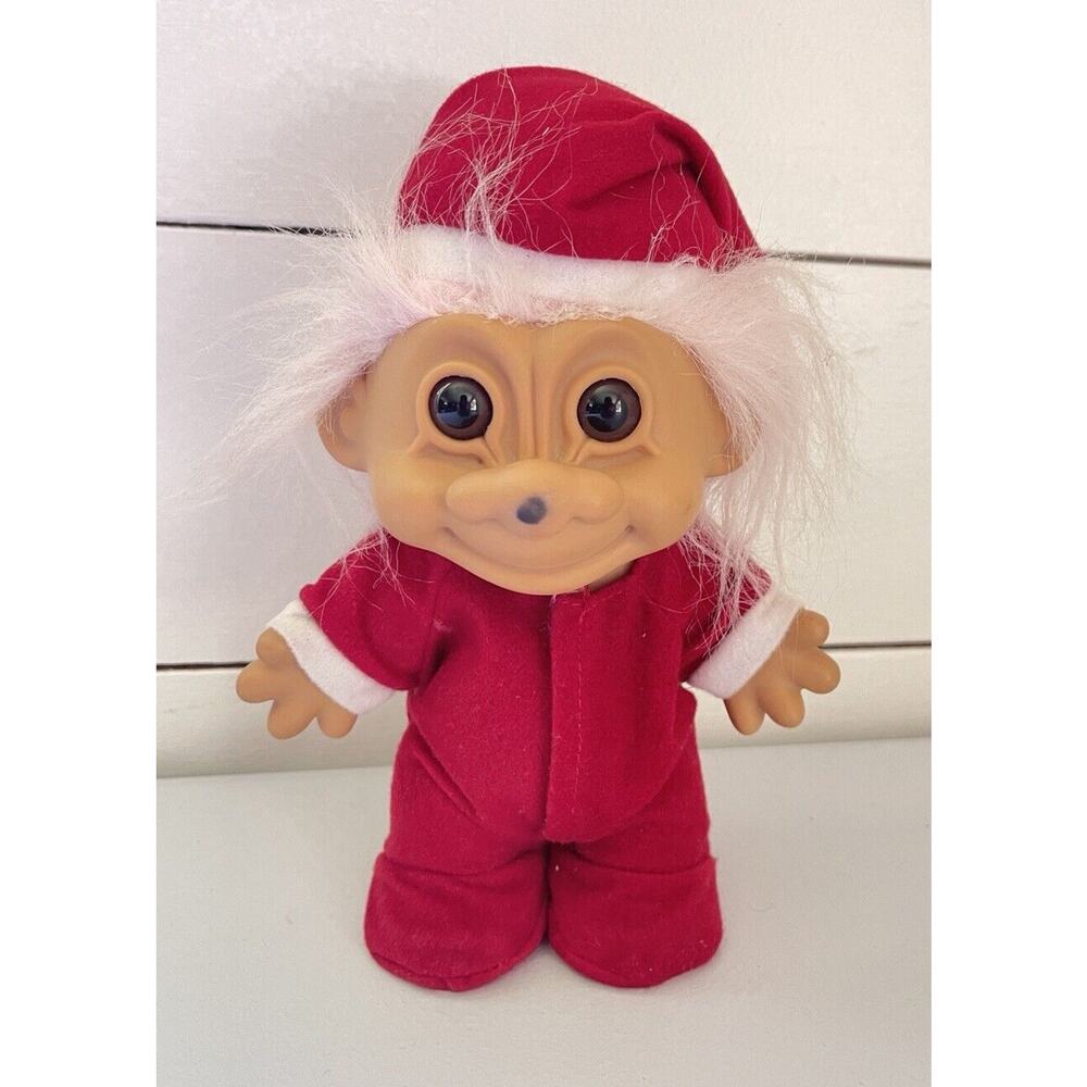 Vintage Russ Large 8" Troll Doll In Red Pajamas Santa Hat Pink Hair Dot Nose